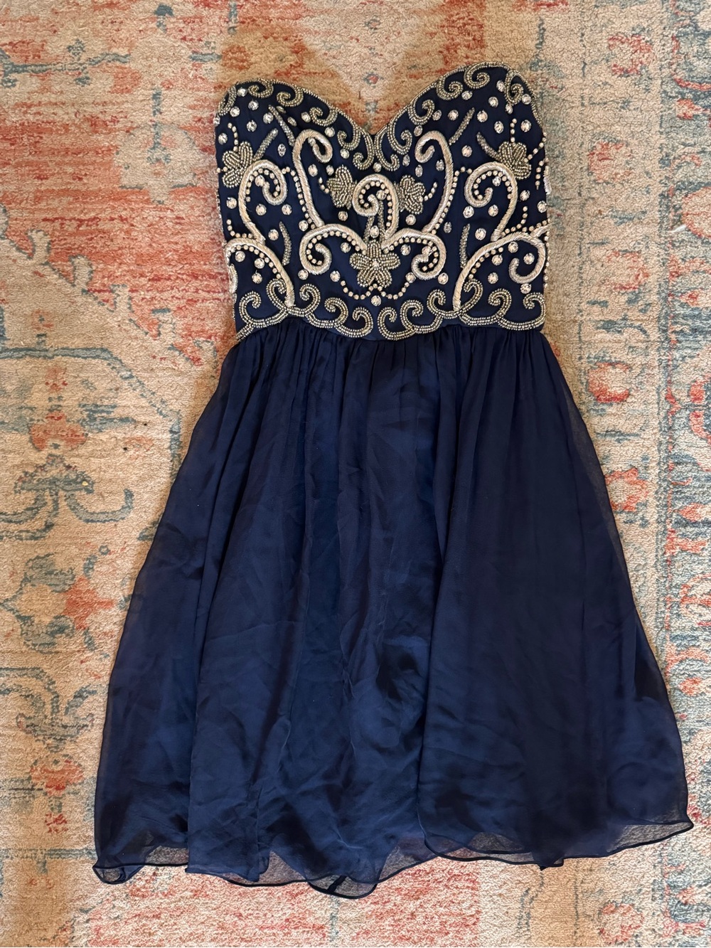 SEAN COLLECTION Strapless Beaded Navy Blue Sweetheart Neck Dress Size 2
